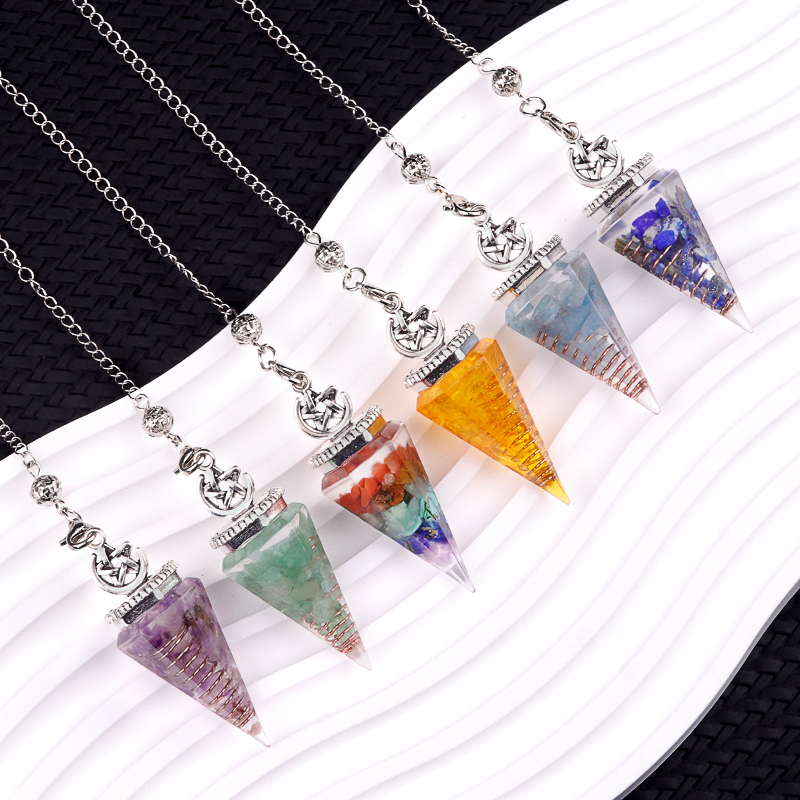 Chip Stone Resin Hexagonal Cone Antique Silver Pendulum Pendant with crystal chain #SP1900