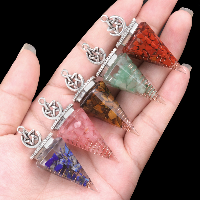 Chip Stone Resin Hexagonal Cone Antique Silver Pendulum Pendant For Making Jewelry #SP1900