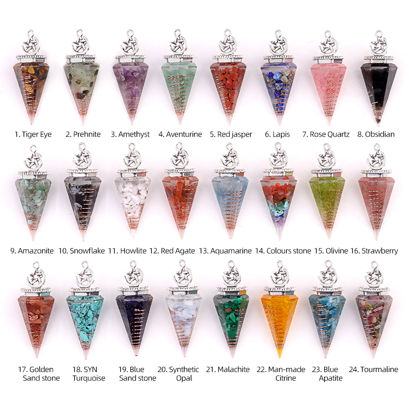 Chip Stone Resin Hexagonal Cone Antique Silver Pendulum Pendant For Making Jewelry #SP1900