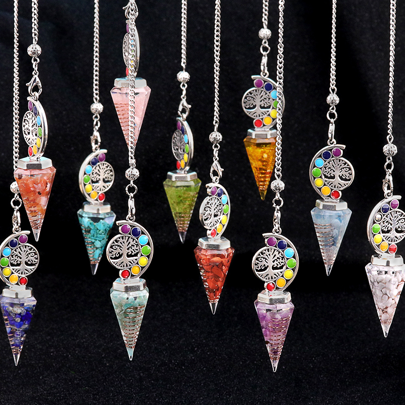 Chip Stone Resin Hexagonal Cone Antique Silver Pendulum Pendant For Making Jewelry #SP1901