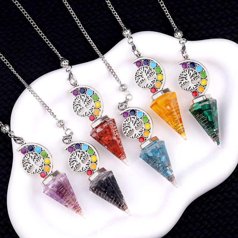 Chip Stone Resin Hexagonal Cone Antique Silver Pendulum Pendant For Making Jewelry #SP1901