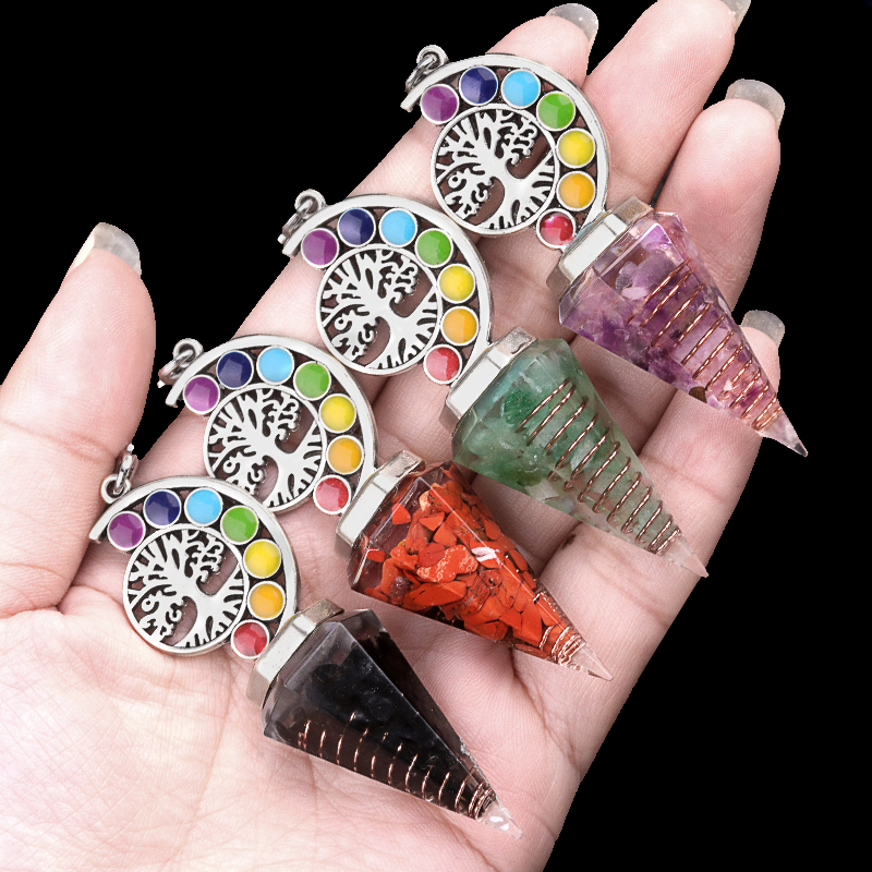 Chip Stone Resin Hexagonal Cone Antique Silver Pendulum Pendant For Making Jewelry #SP1901