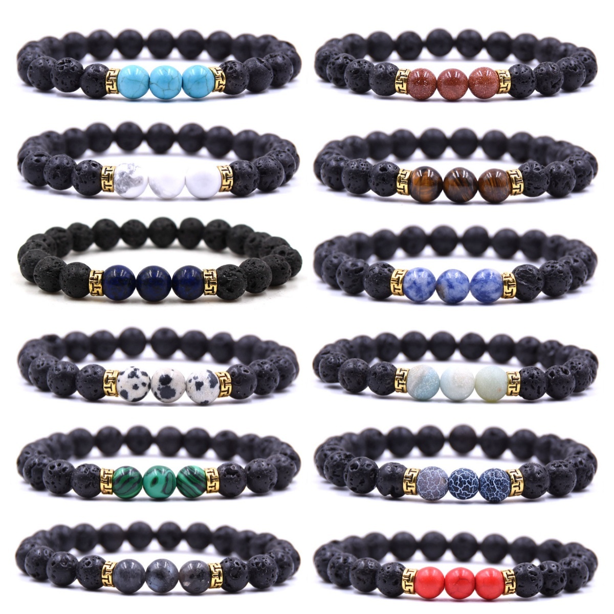 Volcanic Lava Stone Beads Stretch Bracelet  Gold Alloy Spacer and Natural Gemstone #SB1473