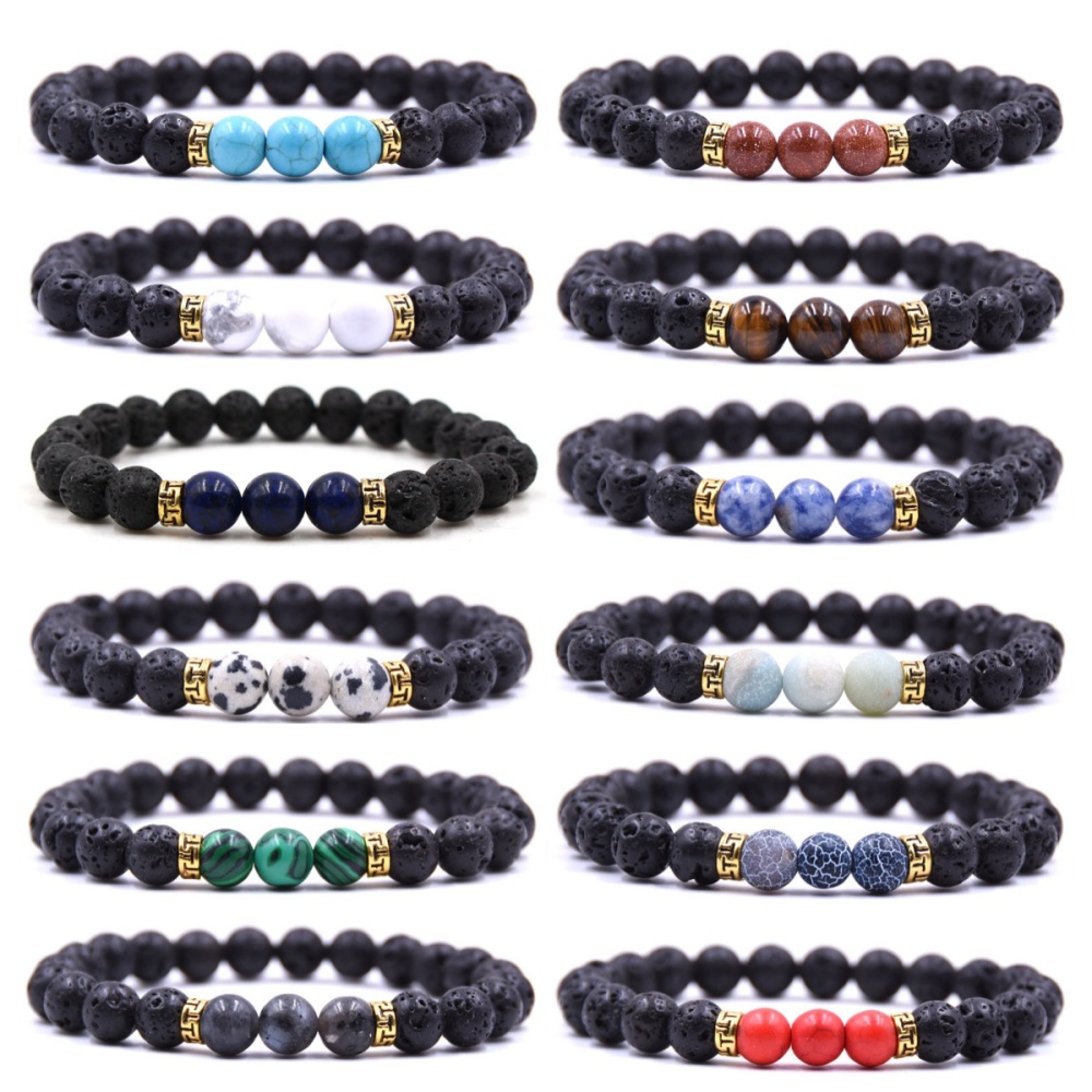 Volcanic Lava Stone Beads Stretch Bracelet  Gold Alloy Spacer and Natural Gemstone #SB1473