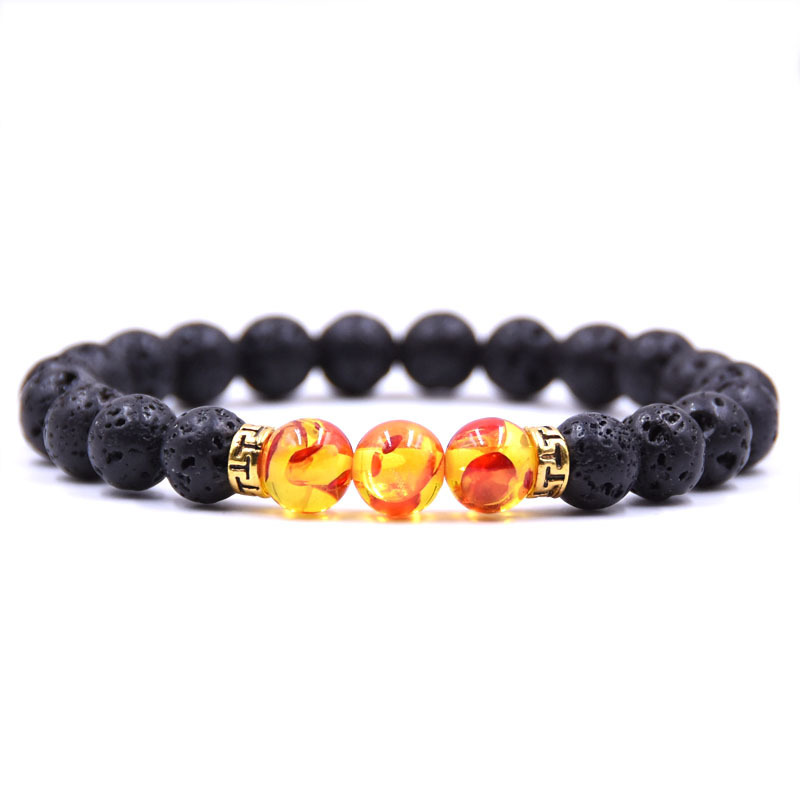 Volcanic Lava Stone Beads Stretch Bracelet  Gold Alloy Spacer and Natural Gemstone #SB1473