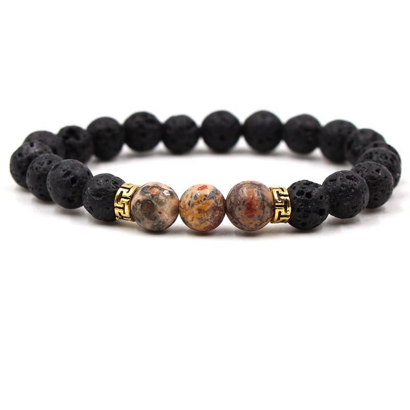 Volcanic Lava Stone Beads Stretch Bracelet  Gold Alloy Spacer and Natural Gemstone #SB1473