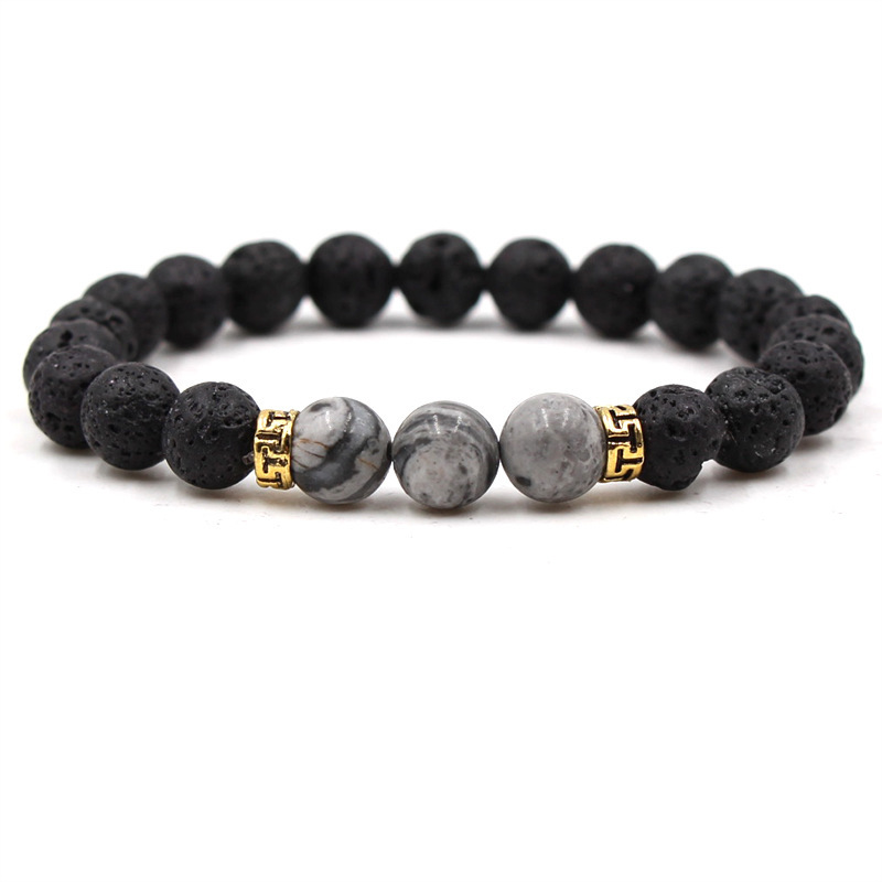 Volcanic Lava Stone Beads Stretch Bracelet  Gold Alloy Spacer and Natural Gemstone #SB1473