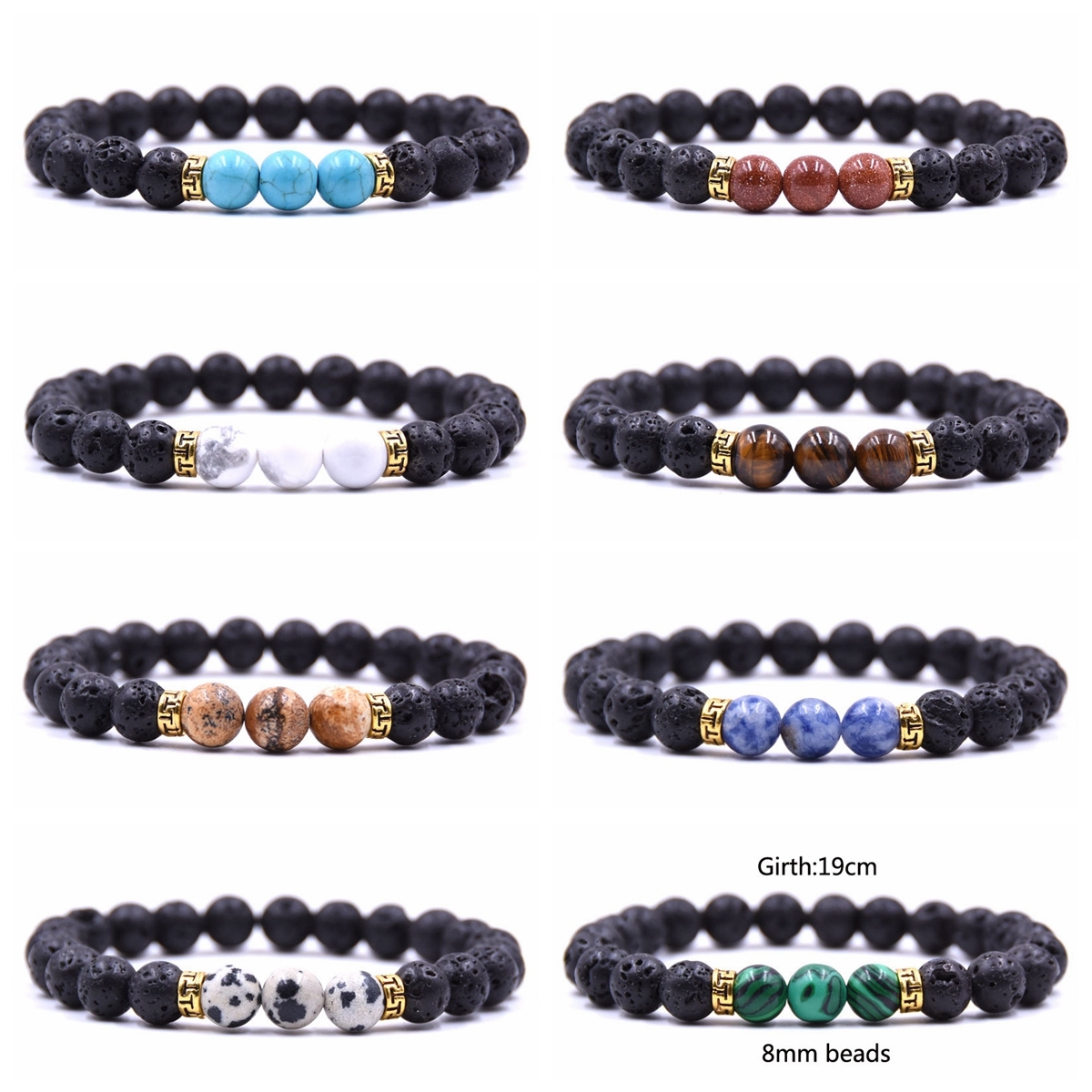 Volcanic Lava Stone Beads Stretch Bracelet  Gold Alloy Spacer and Natural Gemstone #SB1473