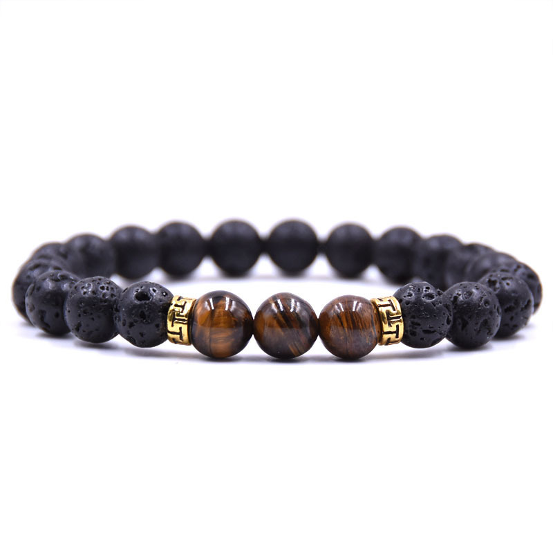 Volcanic Lava Stone Beads Stretch Bracelet  Gold Alloy Spacer and Natural Gemstone #SB1473