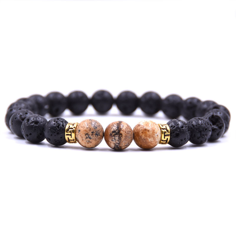 Volcanic Lava Stone Beads Stretch Bracelet  Gold Alloy Spacer and Natural Gemstone #SB1473
