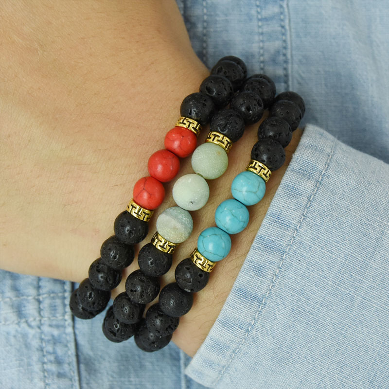 Volcanic Lava Stone Beads Stretch Bracelet  Gold Alloy Spacer and Natural Gemstone #SB1473