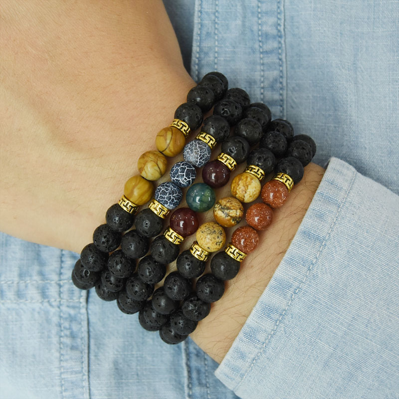 Volcanic Lava Stone Beads Stretch Bracelet  Gold Alloy Spacer and Natural Gemstone #SB1473