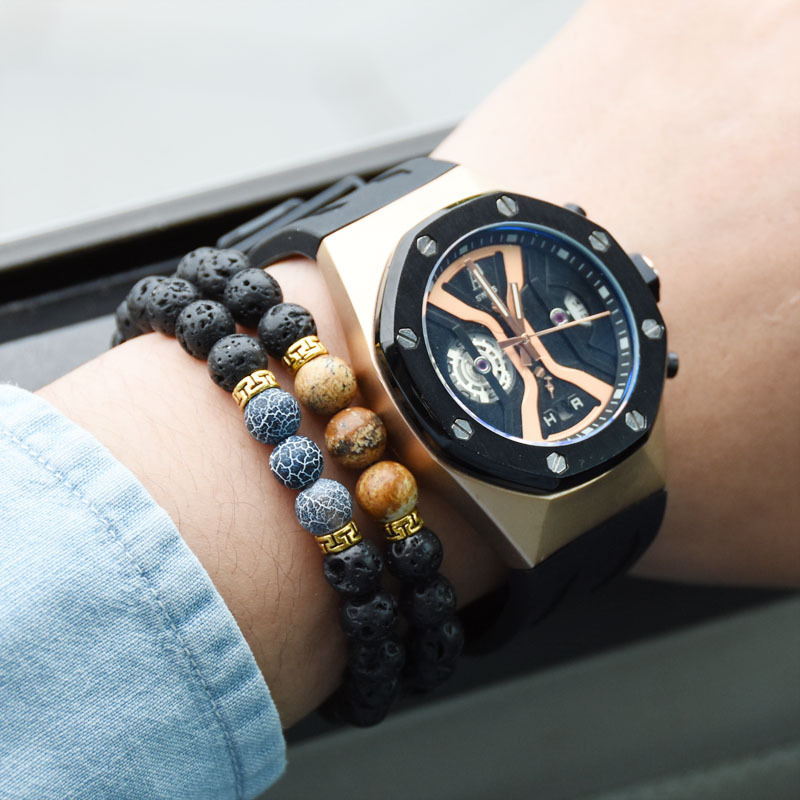 Volcanic Lava Stone Beads Stretch Bracelet  Gold Alloy Spacer and Natural Gemstone #SB1473