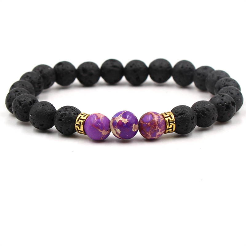 Volcanic Lava Stone Beads Stretch Bracelet  Gold Alloy Spacer and Natural Gemstone #SB1473