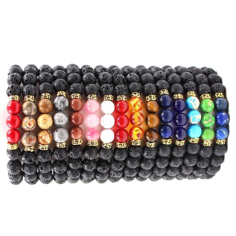 Volcanic Lava Stone Beads Stretch Bracelet  Gold Alloy Spacer and Natural Gemstone #SB1473