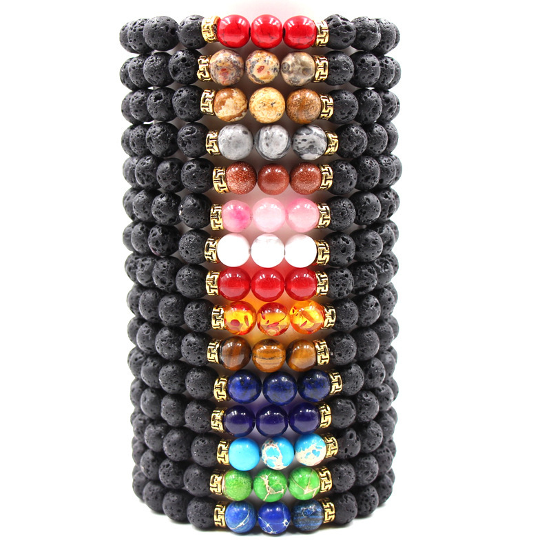Volcanic Lava Stone Beads Stretch Bracelet  Gold Alloy Spacer and Natural Gemstone #SB1473