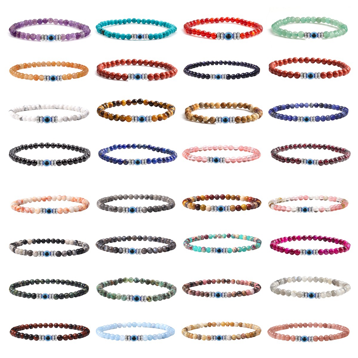 4mm Mini Gemstone Energy Bracelets Crushed Stone Beaded Evil Eye Charm Healing Energy Bracelet for Women