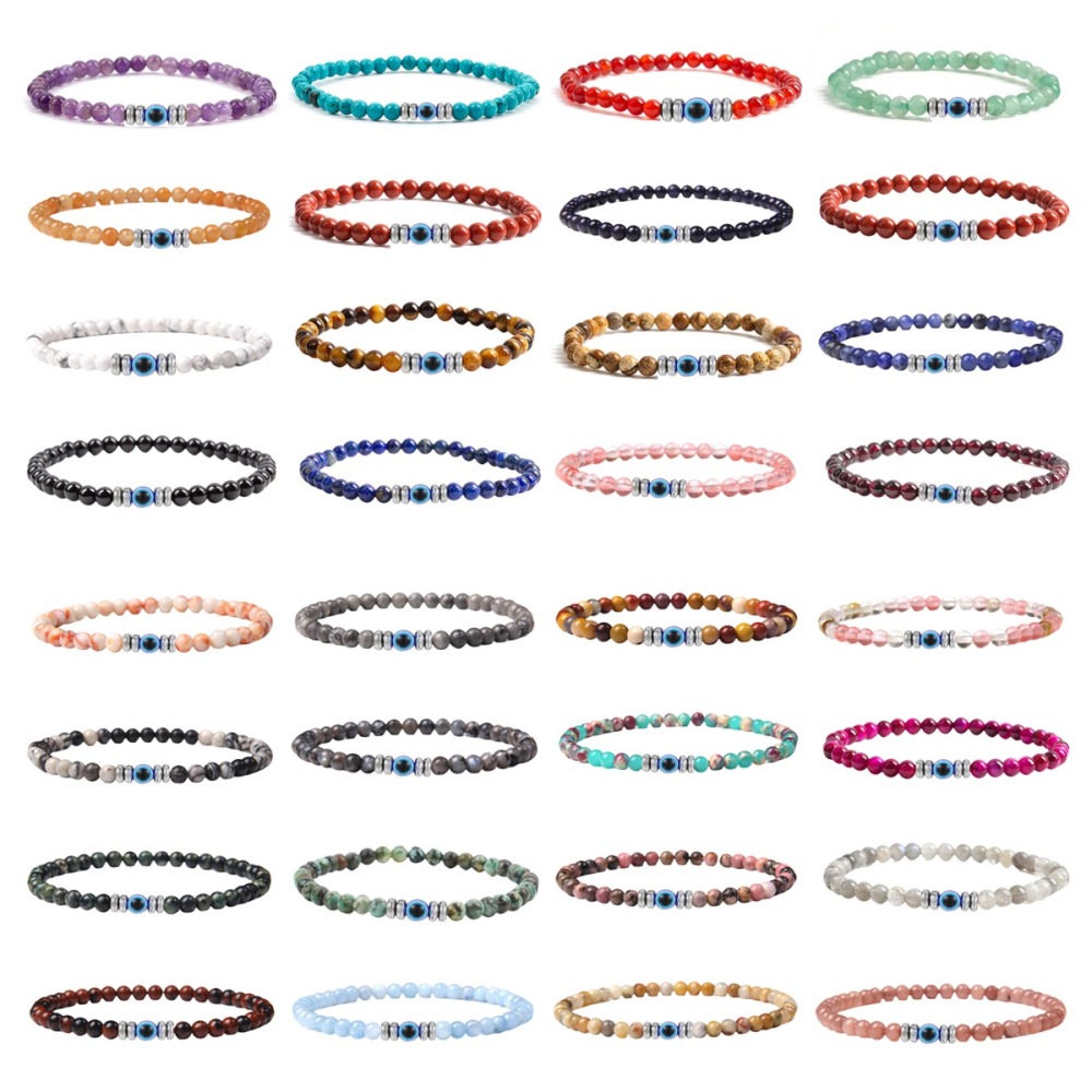 4mm Mini Gemstone Energy Bracelets Crushed Stone Beaded Evil Eye Charm Healing Energy Bracelet for Women