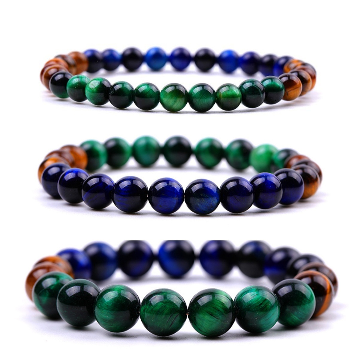 Multicolor Yellow Blue Green Peacock Feather Color Tiger Eye Stretch Bracelets for Women Girls