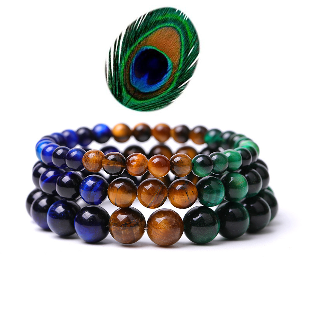 Multicolor Yellow Blue Green Peacock Feather Color Tiger Eye Stretch Bracelets for Women Girls