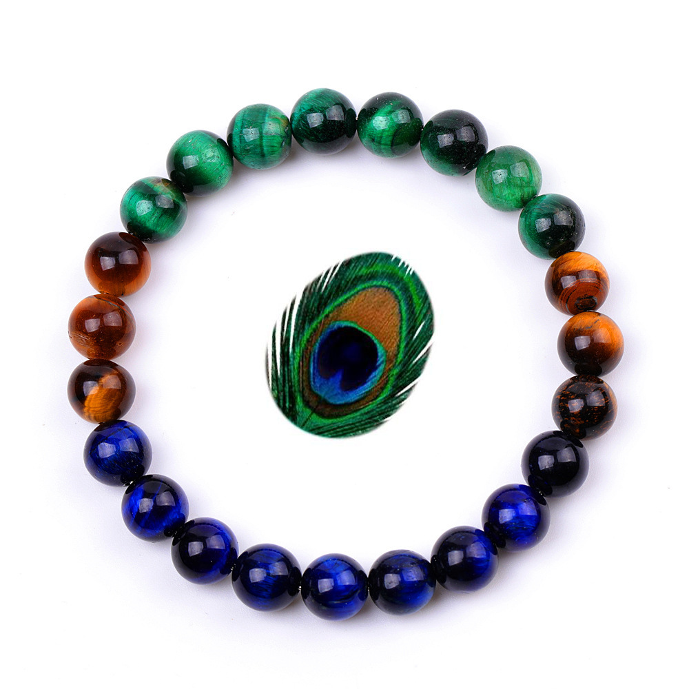 Multicolor Yellow Blue Green Peacock Feather Color Tiger Eye Stretch Bracelets for Women Girls