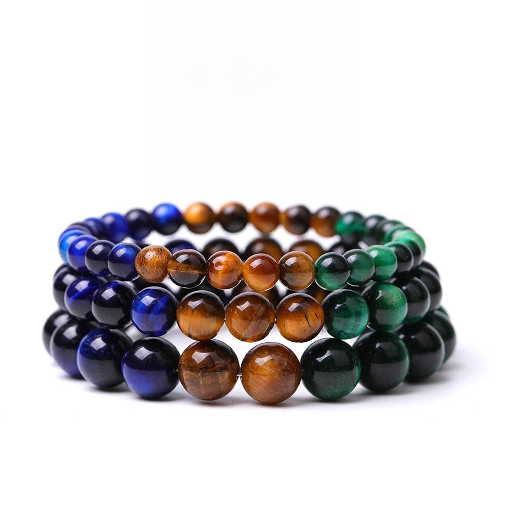 Multicolor Yellow Blue Green Peacock Feather Color Tiger Eye Stretch Bracelets for Women Girls