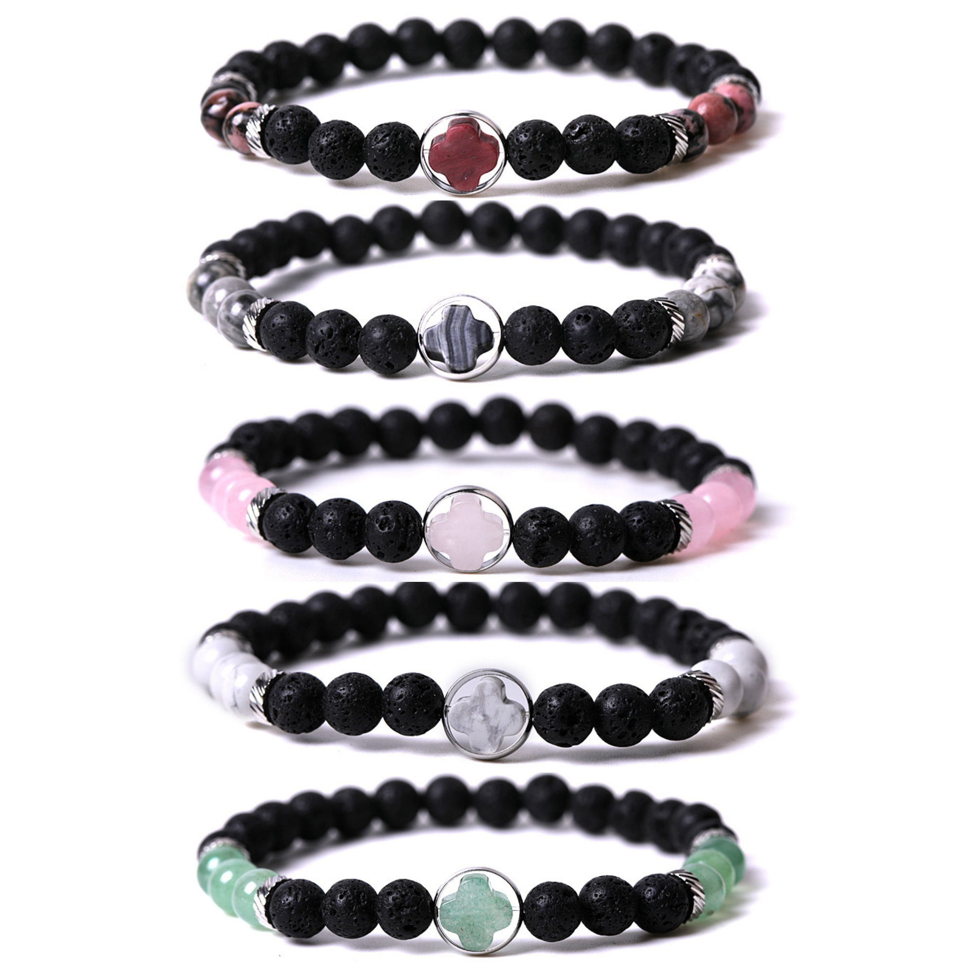 Natural Gemstone Cross 8MM Lava Stone Stretch Bracelets