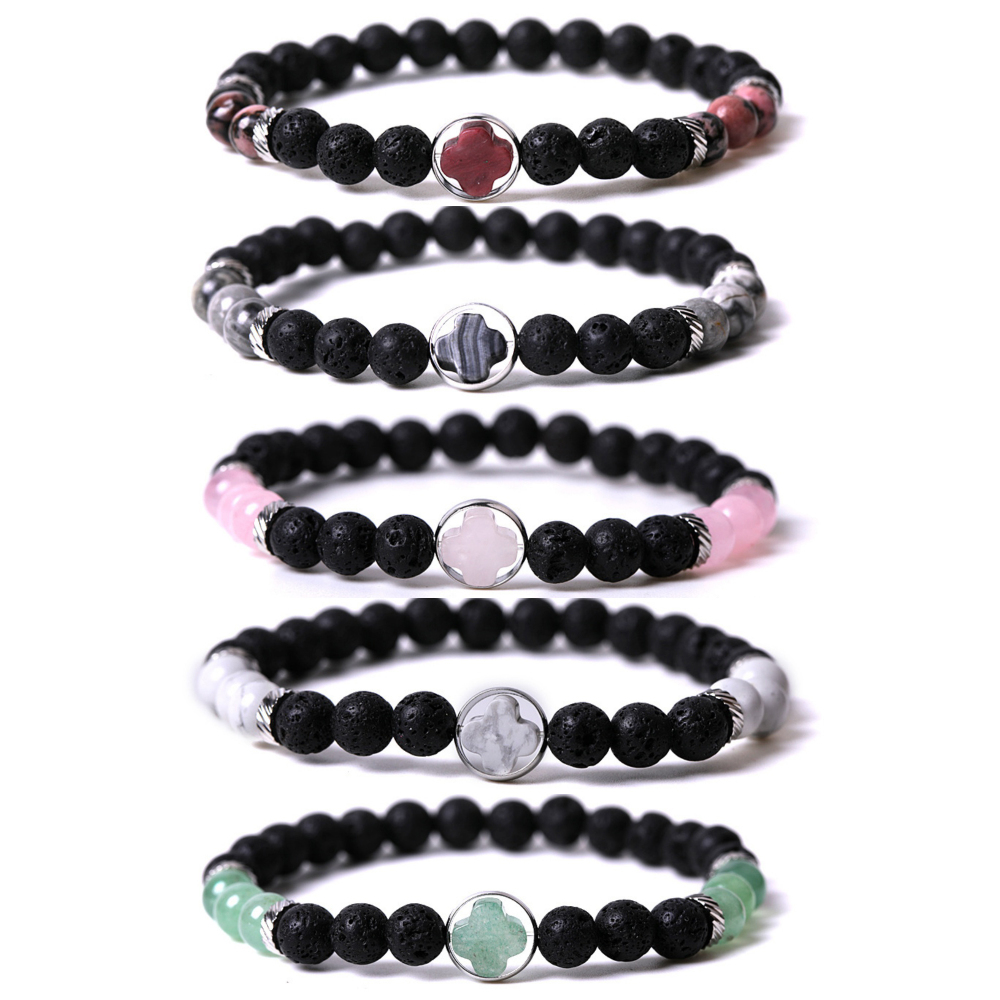 Natural Gemstone Cross 8MM Lava Stone Stretch Bracelets
