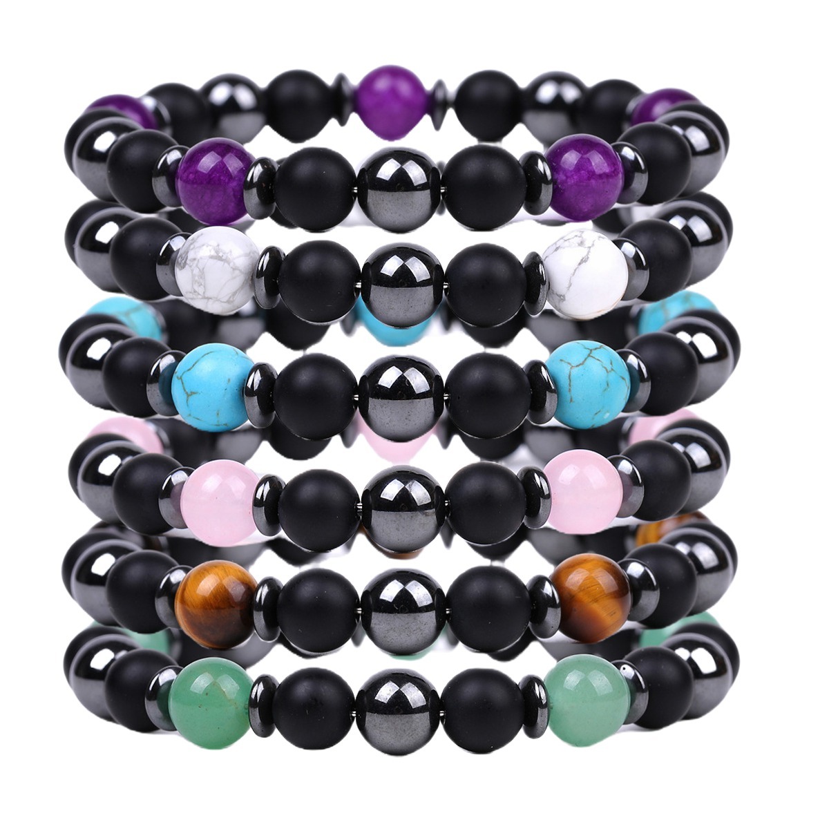 8MM Round Beaded Bracelet for Spiritual Protection Healing Positive Hematite & Matte Onyx
