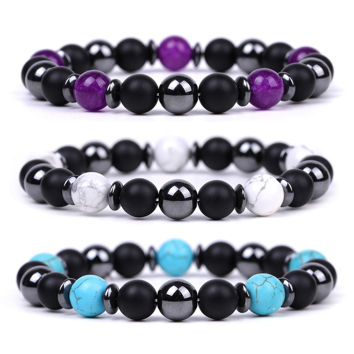 8MM Round Beaded Bracelet for Spiritual Protection Healing Positive Hematite & Matte Onyx