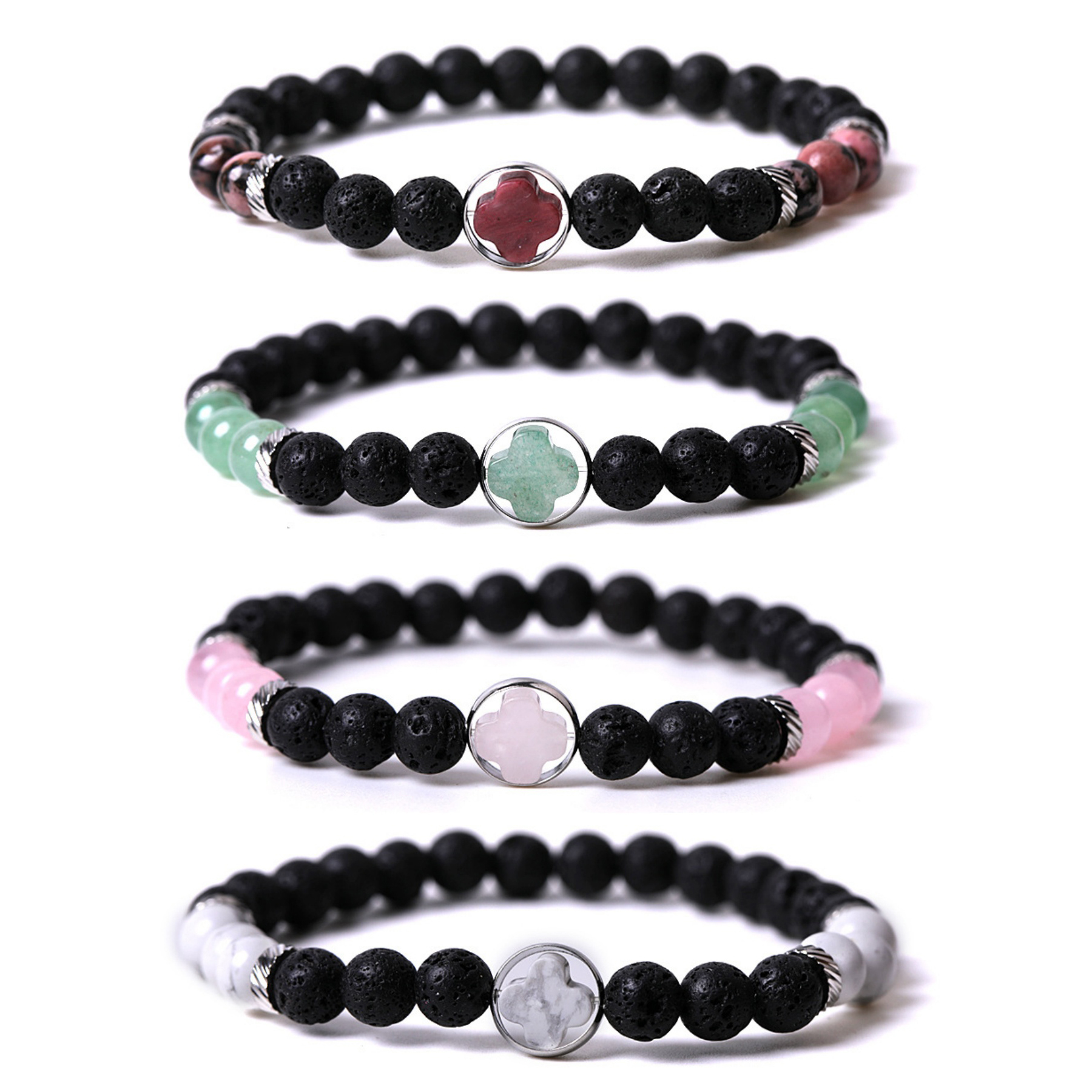 Natural Gemstone Cross 8MM Lava Stone Stretch Bracelets