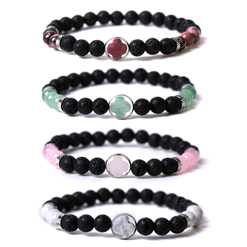 Natural Gemstone Cross 8MM Lava Stone Stretch Bracelets