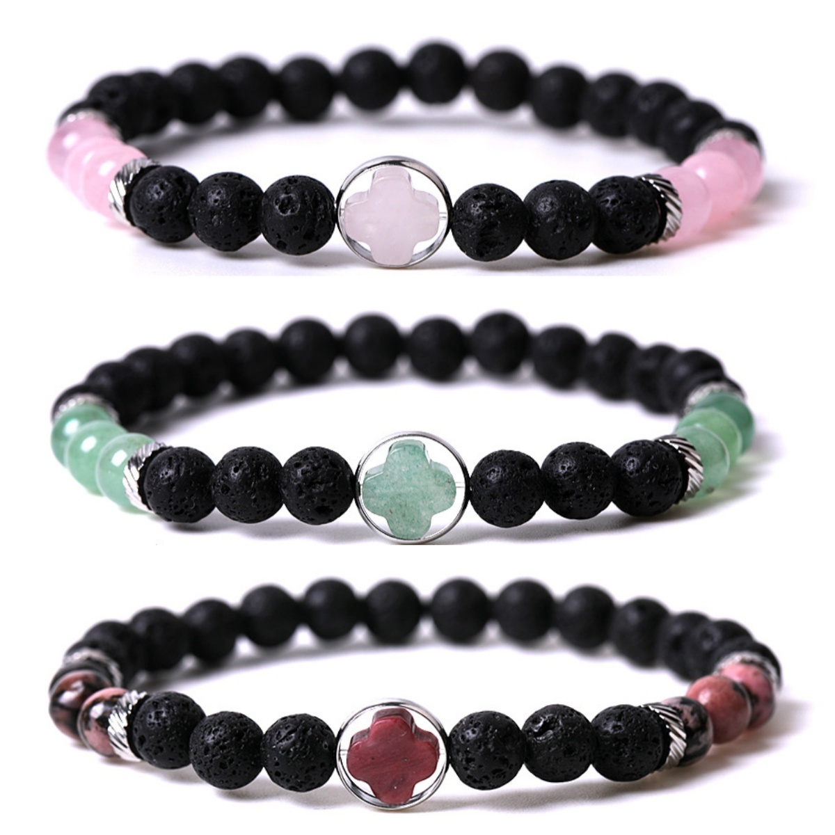 Natural Gemstone Cross 8MM Lava Stone Stretch Bracelets