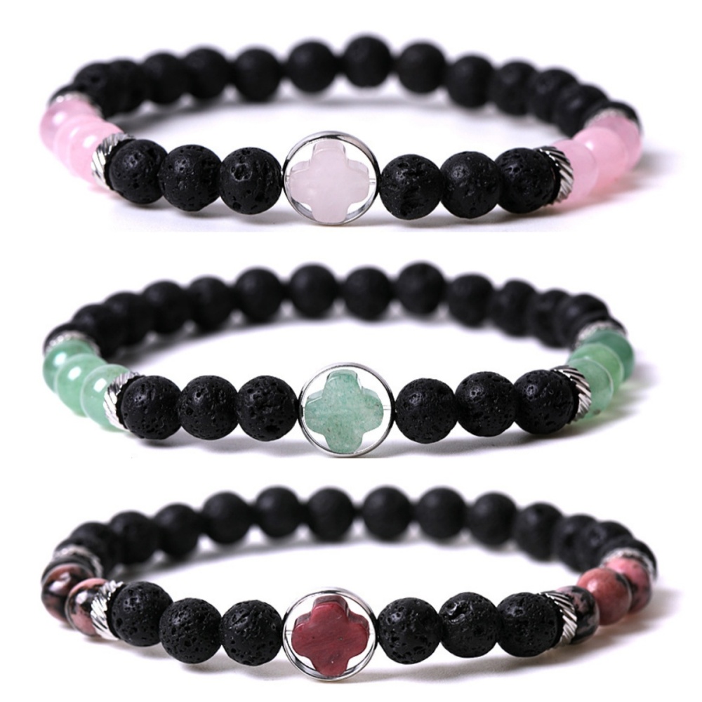 Natural Gemstone Cross 8MM Lava Stone Stretch Bracelets