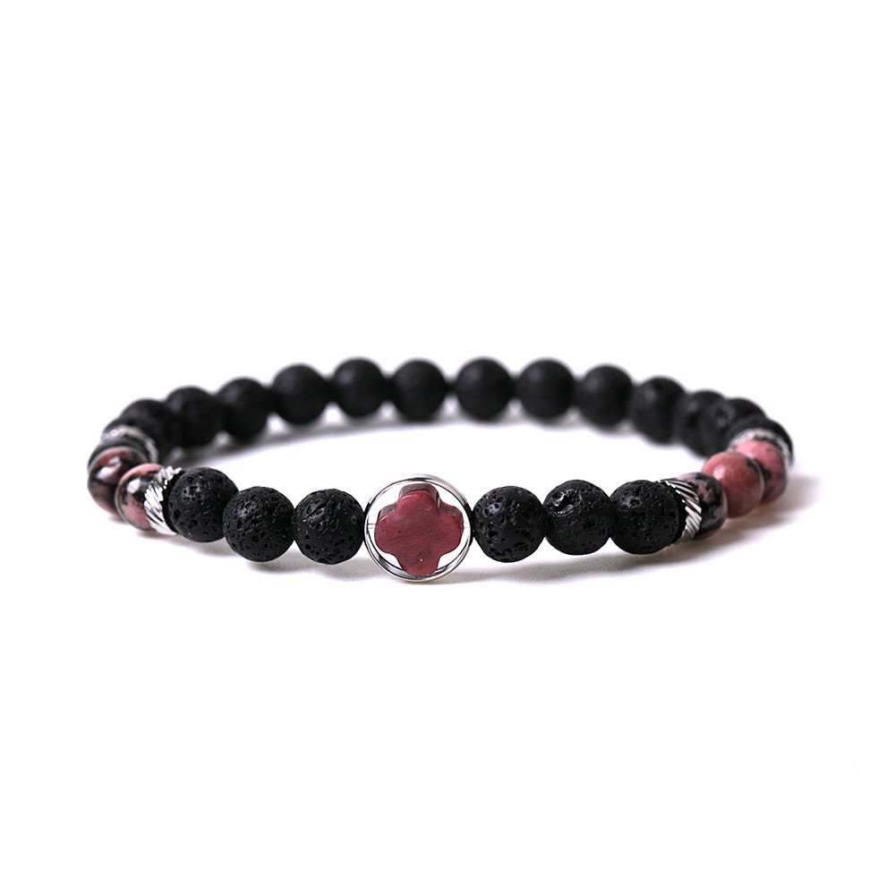 Rhodochrosite Couple Gemstone Cross 8MM Lava Stone Beaded Bracelets for women men