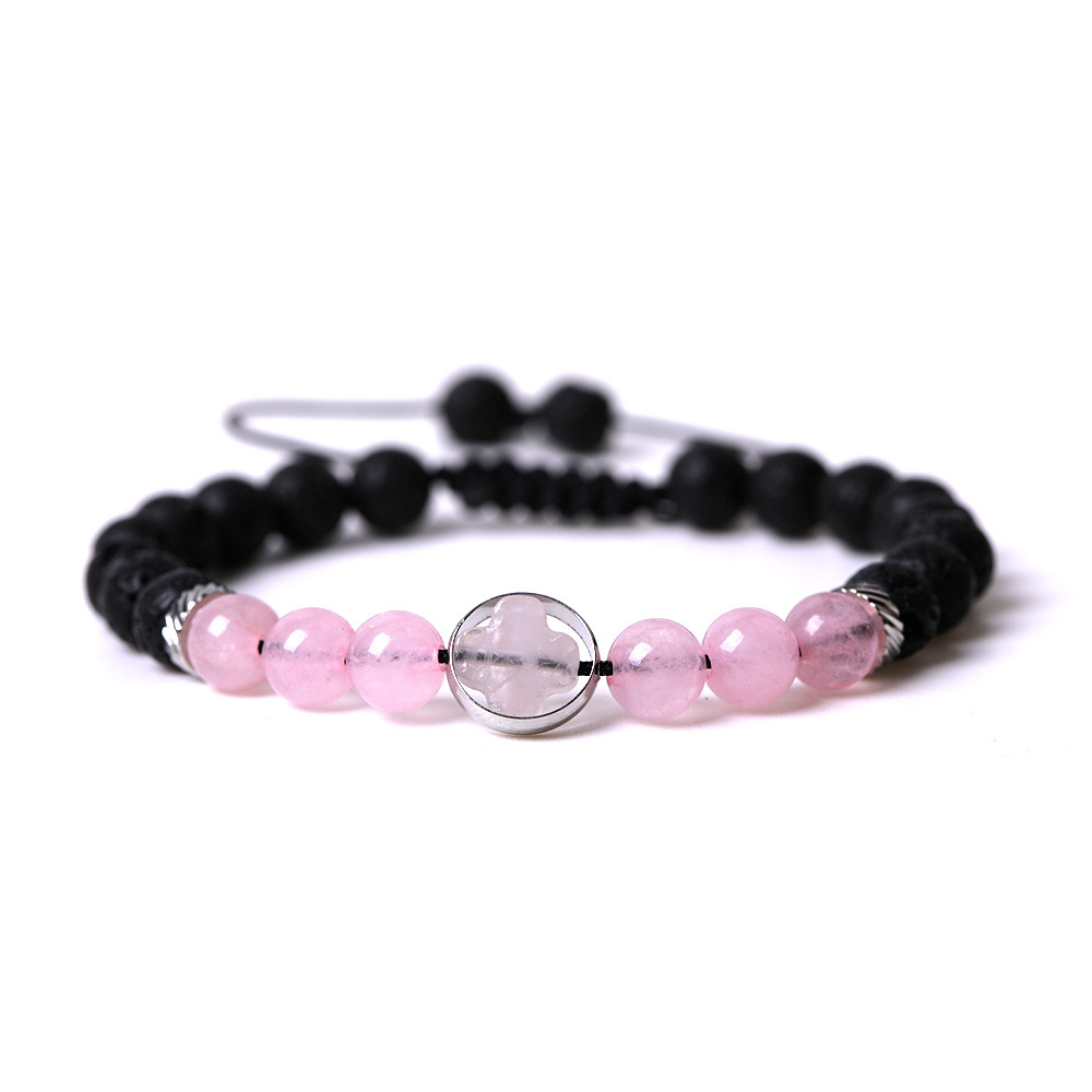 Rhodochrosite Couple Gemstone Cross 8MM Lava Stone Beaded Bracelets for women men