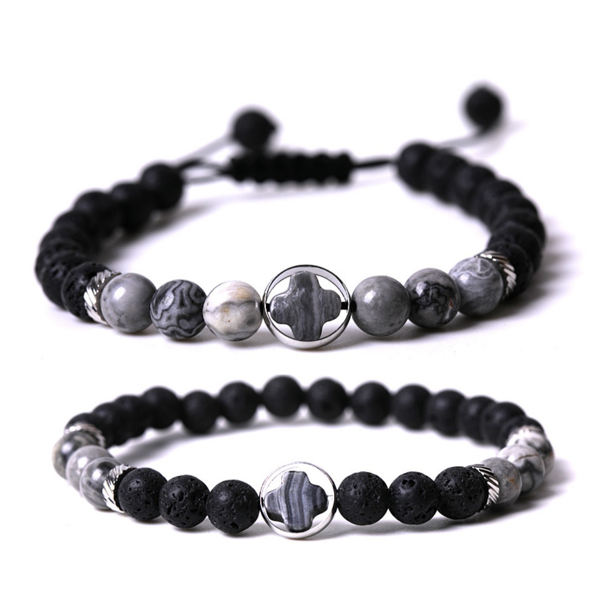 Couple Gemstone Cross 8MM Lava Stone Beaded Bracelets for women men