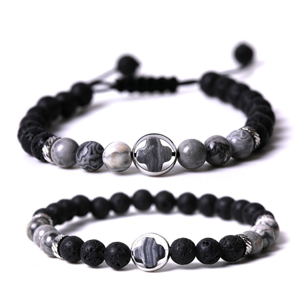 Couple Gemstone Cross 8MM Lava Stone Beaded Bracelets for women men