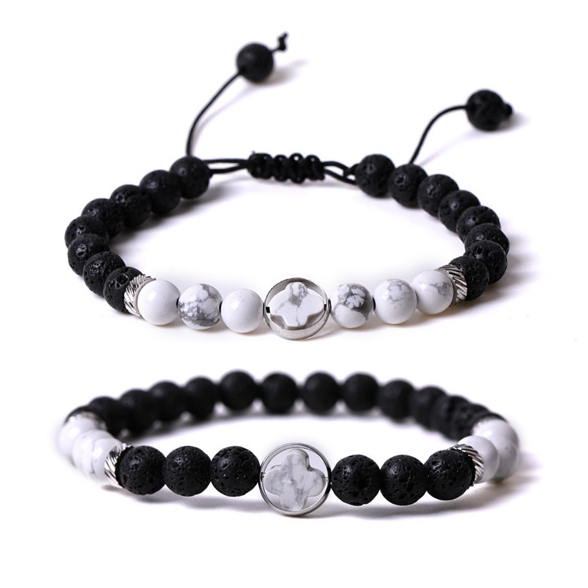 Couple Gemstone Cross 8MM Lava Stone Beaded Bracelets for women men