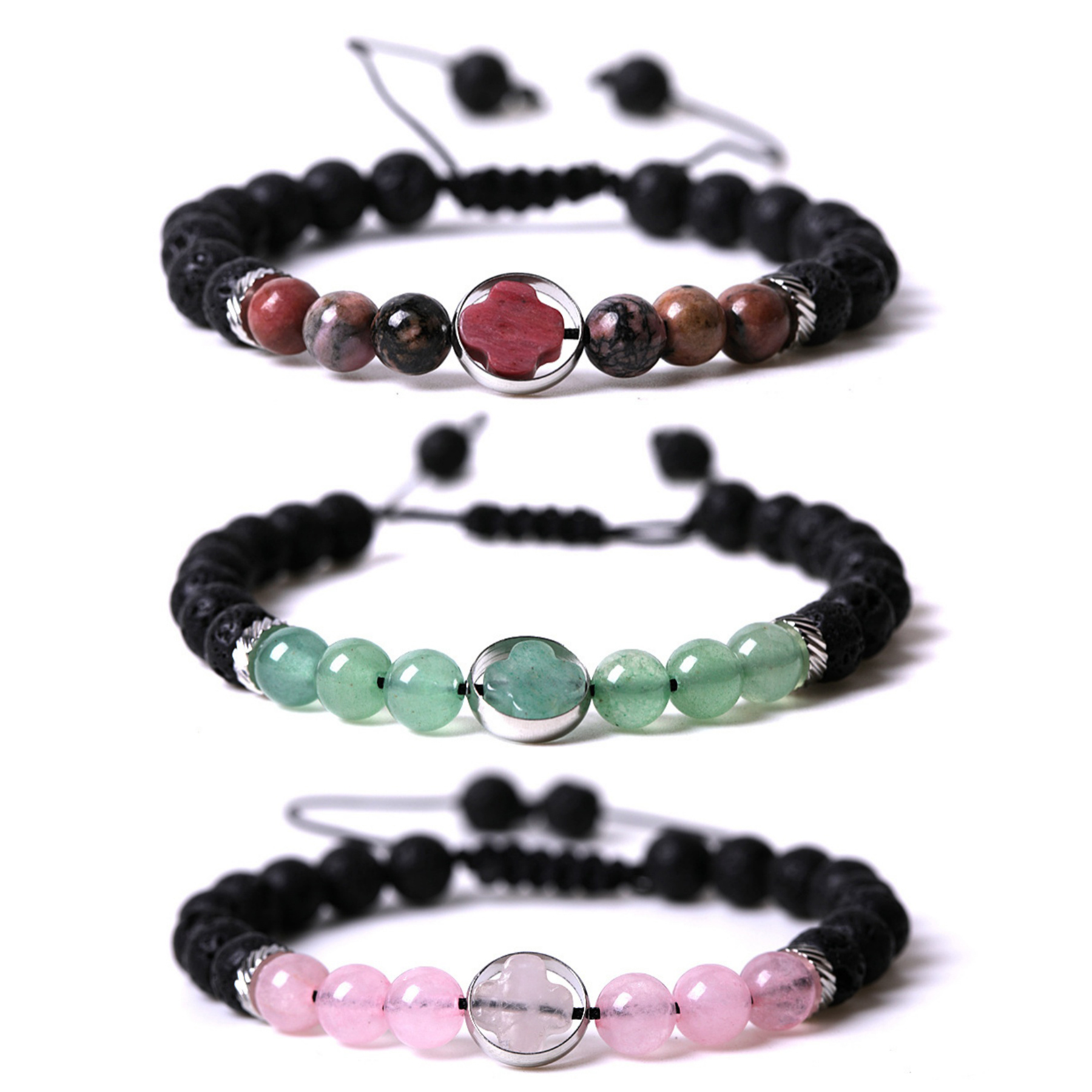Natural Gemstone Cross 8MM Lava Stone Beaded Bracelets Adjustable for women men
