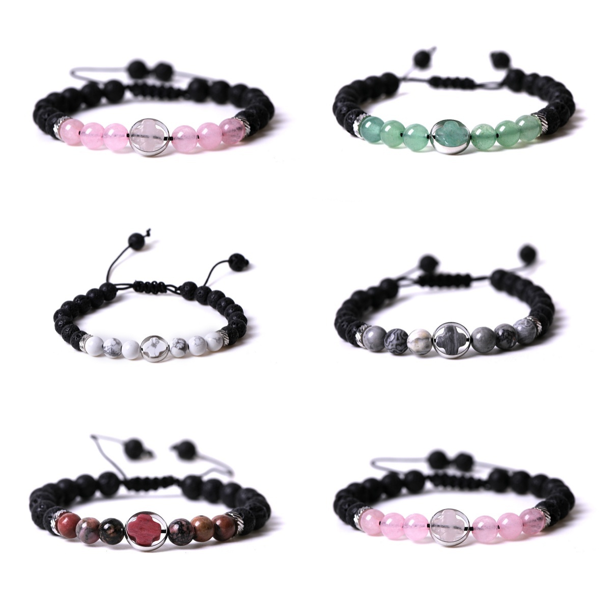 Natural Gemstone Cross 8MM Lava Stone Beaded Bracelets Adjustable for women men