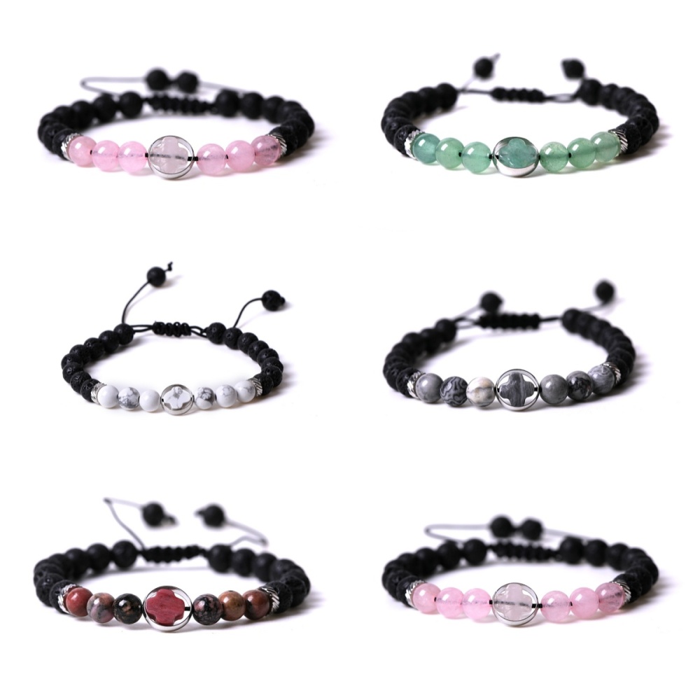 Natural Gemstone Cross 8MM Lava Stone Beaded Bracelets Adjustable for women men