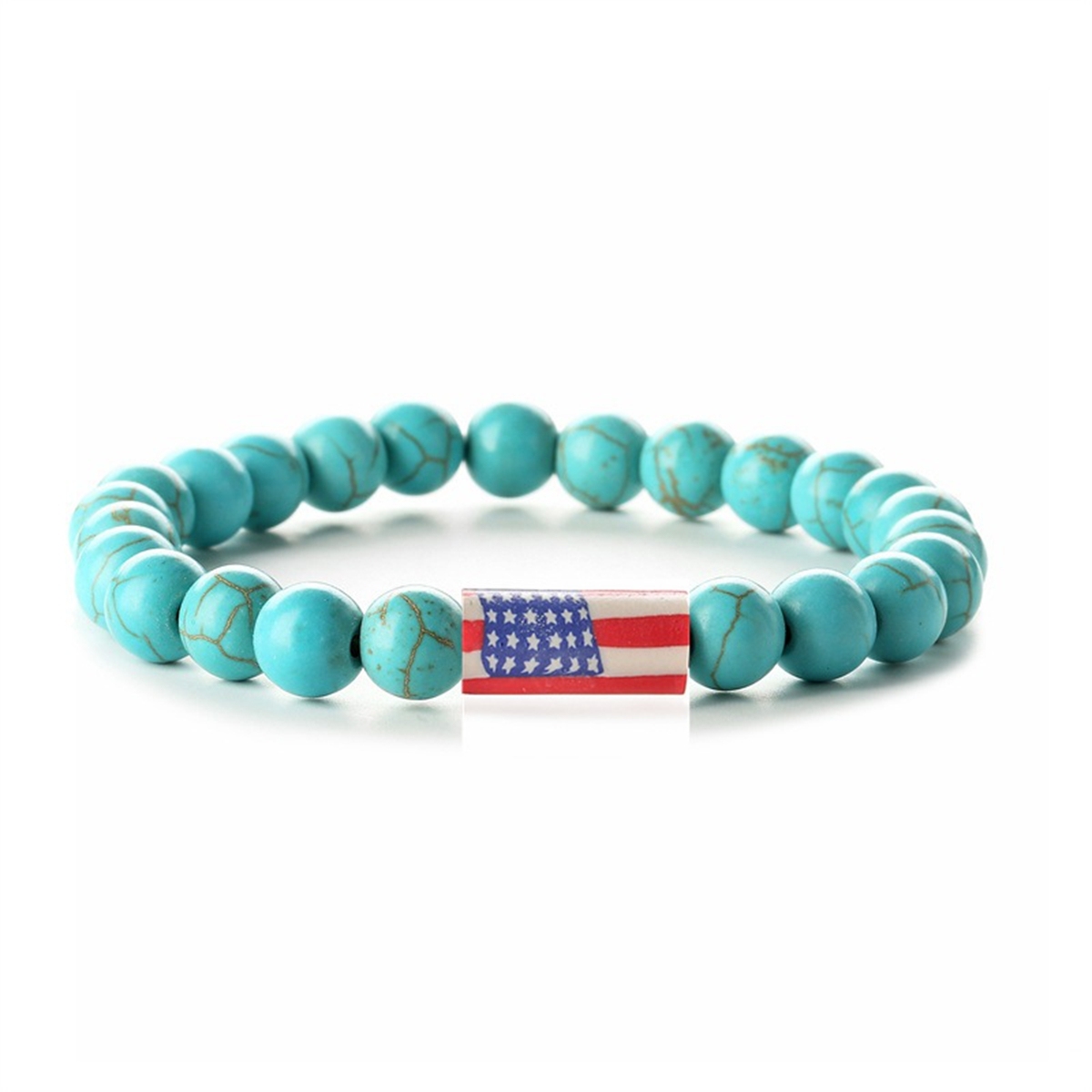 8mm Gemstone Beaded USA Flag Stone Bracelet for Women Men #SB2062