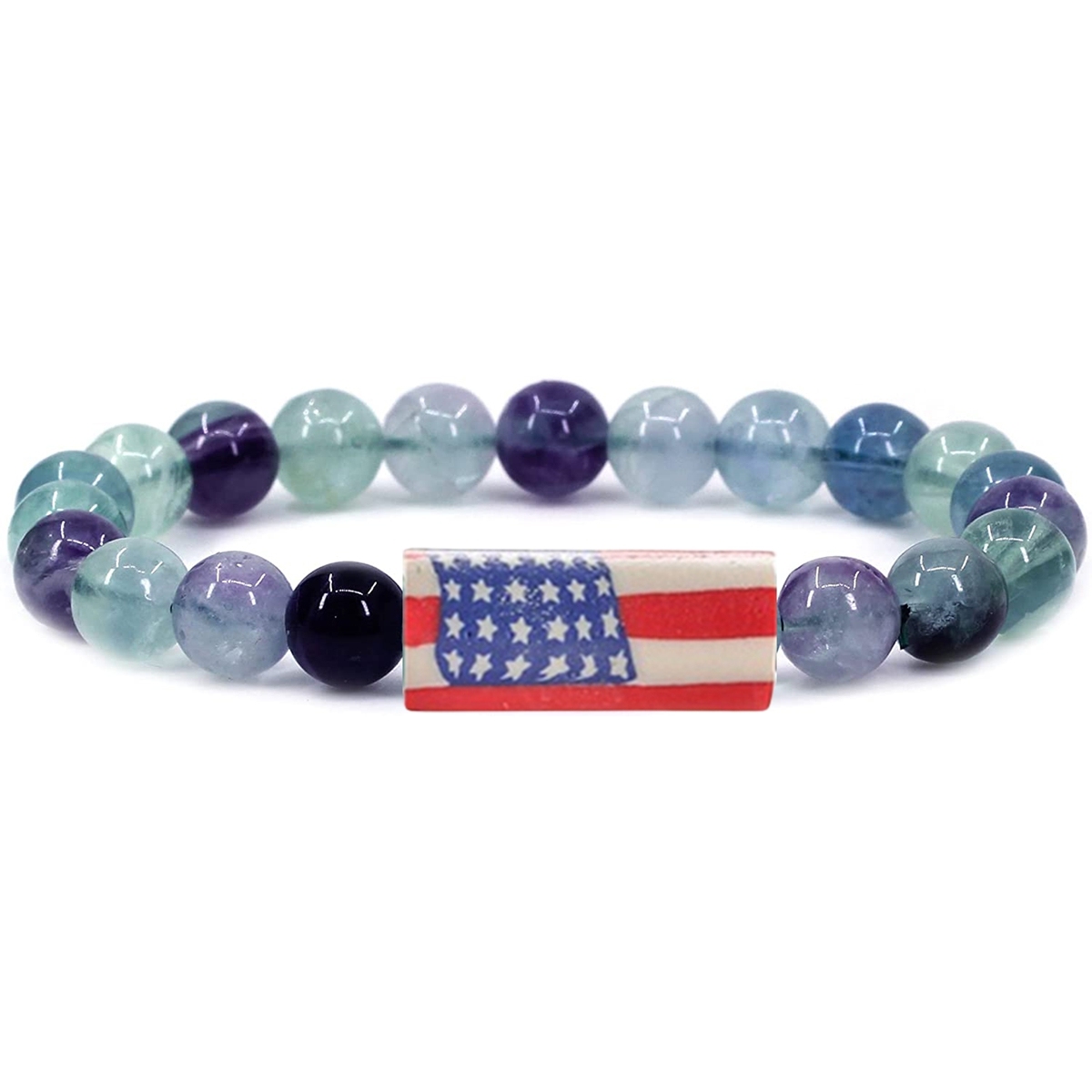 8mm Gemstone Beaded USA Flag Stone Bracelet for Women Men #SB2062