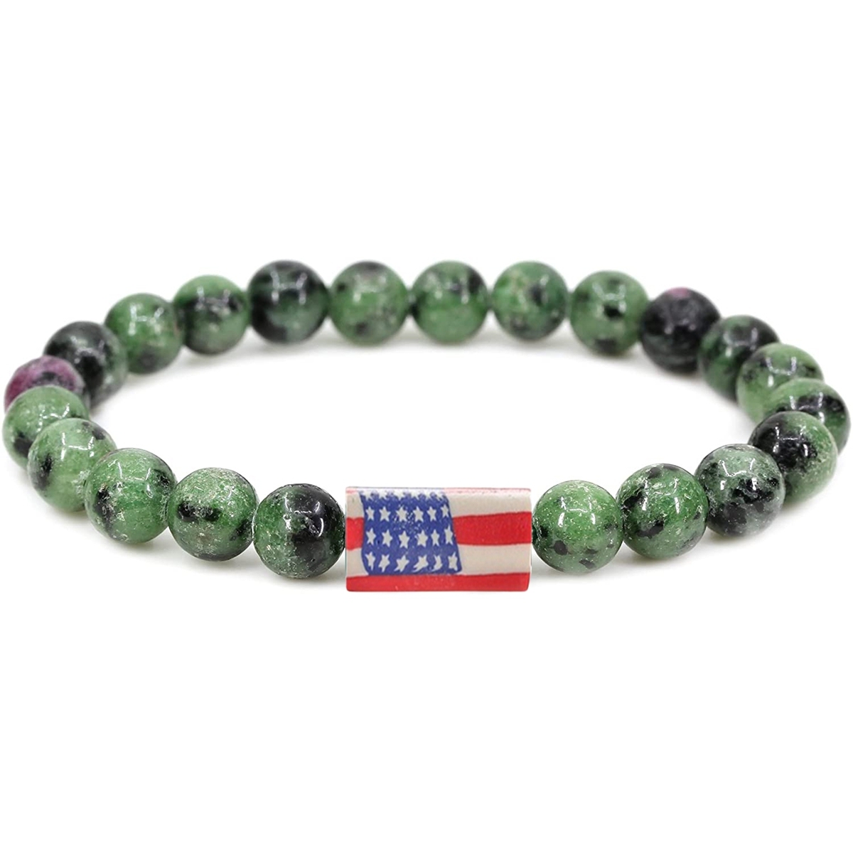 8mm Gemstone Beaded USA Flag Stone Bracelet for Women Men #SB2062