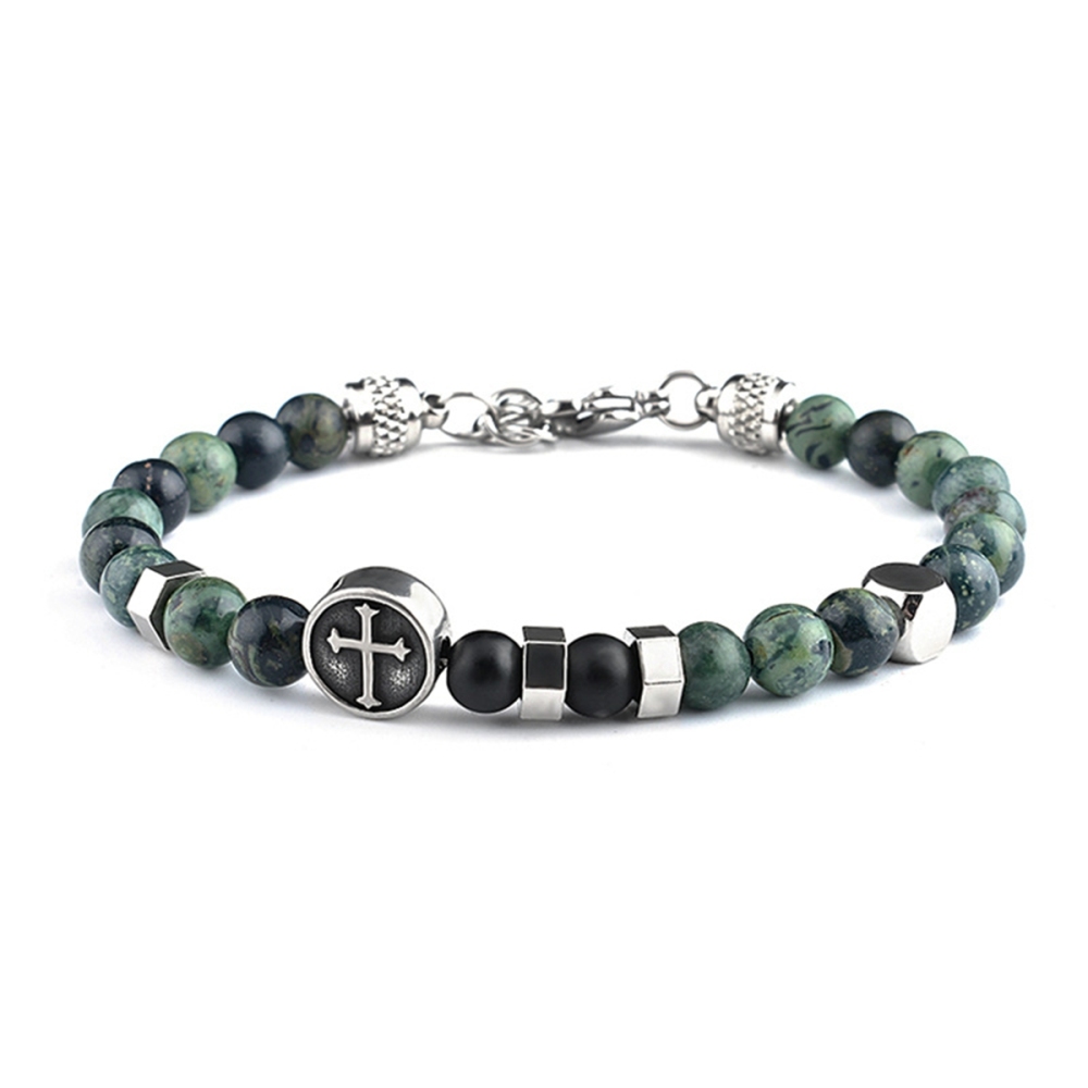 Stainless Steel Cross Charms 6MM Gemstone Beads Bracelet SB2144