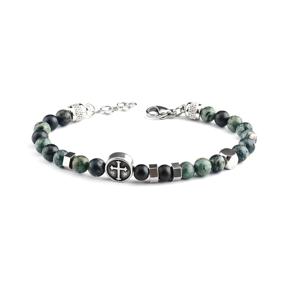 Stainless Steel Cross Charms 6MM Gemstone Beads Bracelet SB2144