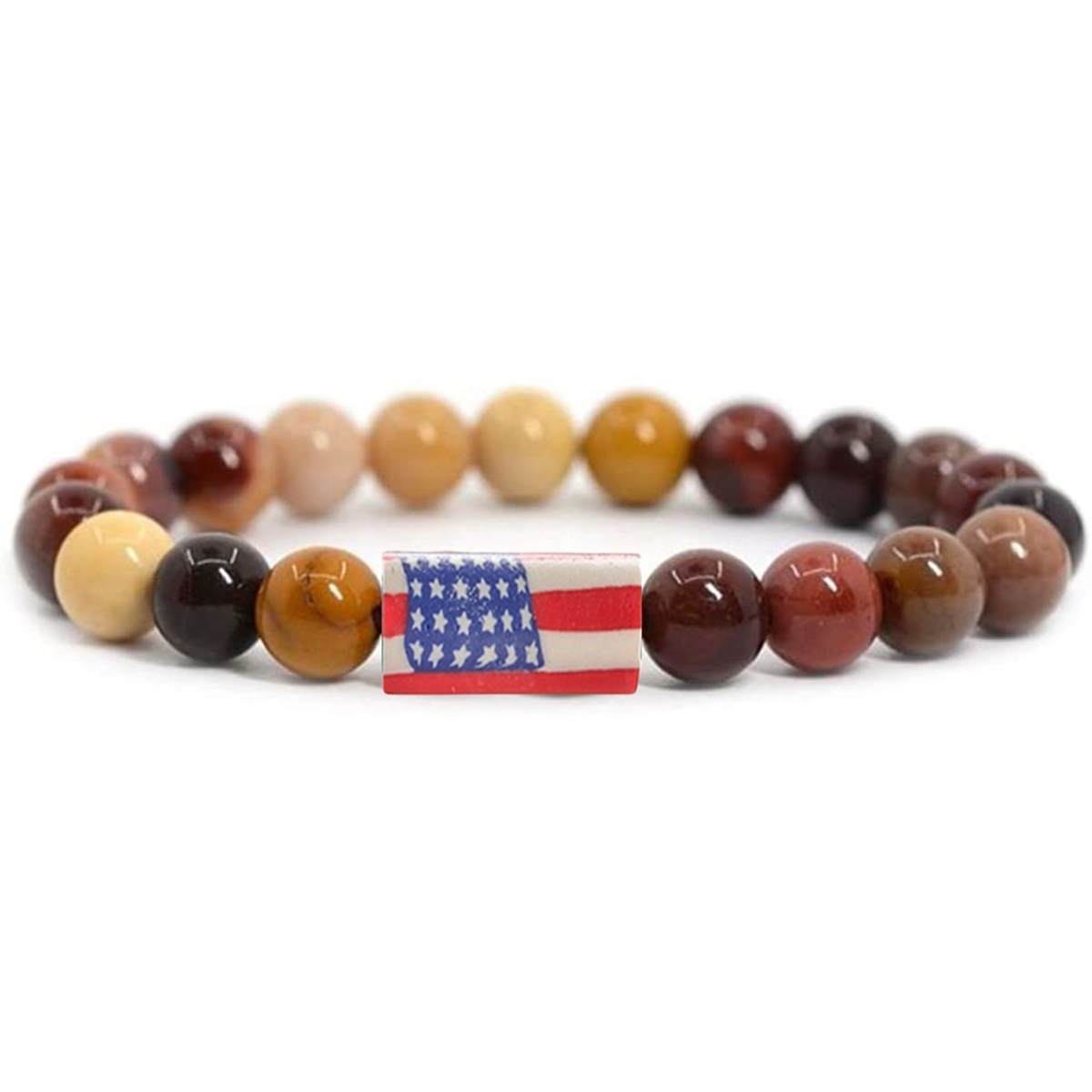8mm Gemstone Beaded USA Flag Stone Bracelet for Women Men #SB2062