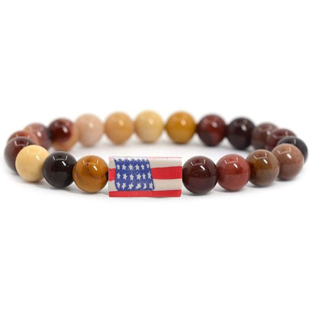 8mm Gemstone Beaded USA Flag Stone Bracelet for Women Men #SB2062