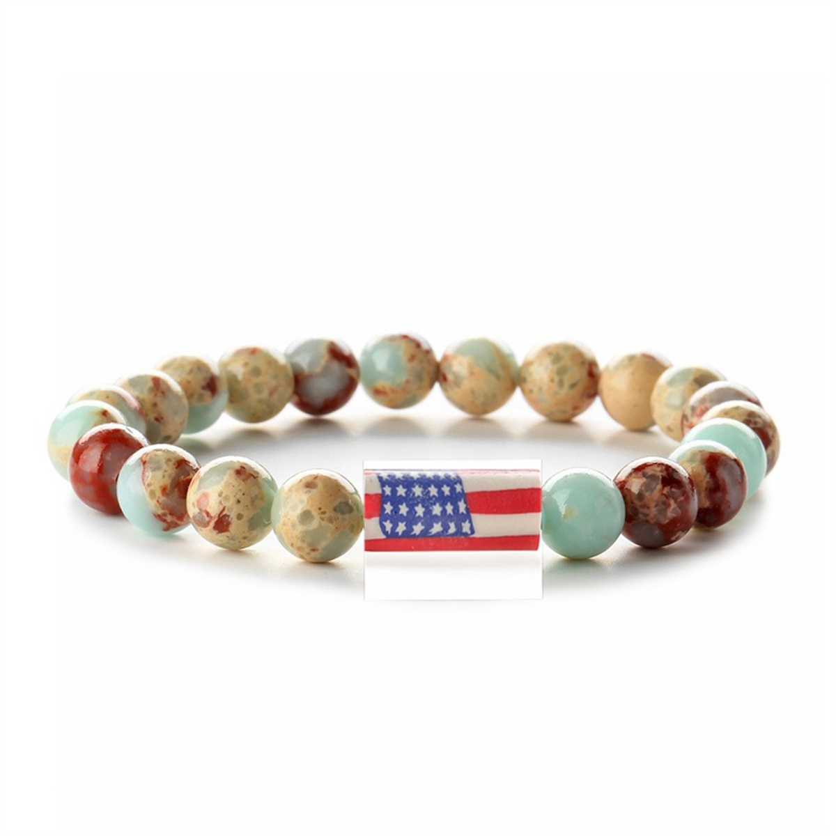 8mm Gemstone Beaded USA Flag Stone Bracelet for Women Men #SB2062